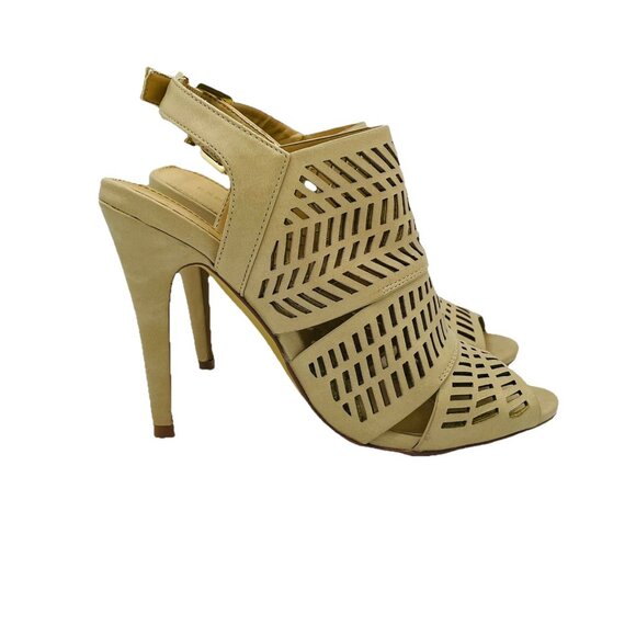 Express Shoes Womens Size 6.5 Tan Beige Heels Bootie Stiletto Ankle Strap Buckle - Picture 1 of 10